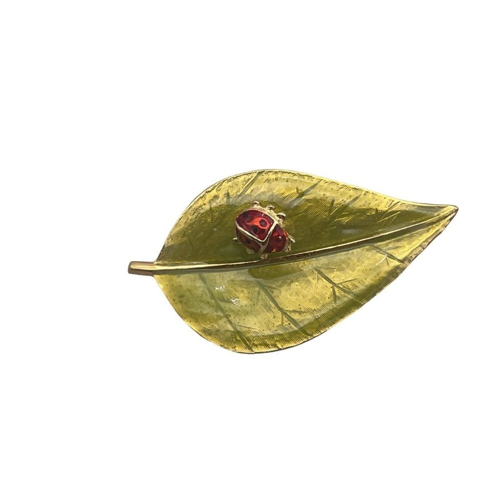 Vintage Lia Enamel 3D Ladybug on a Spring Sitting on a Leaf Brooch Pin